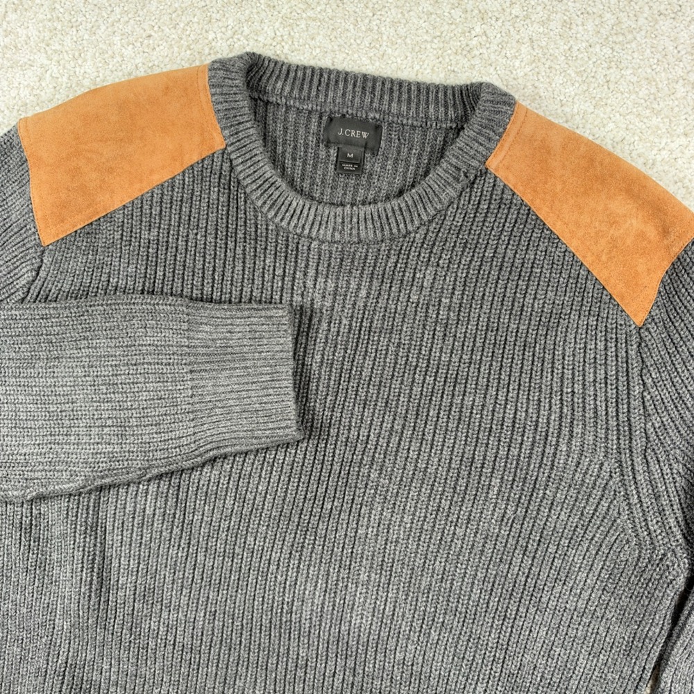 J.Crew Sweater Mens M Grey Ribbed Knit Leather Shoulder Patches Crewneck